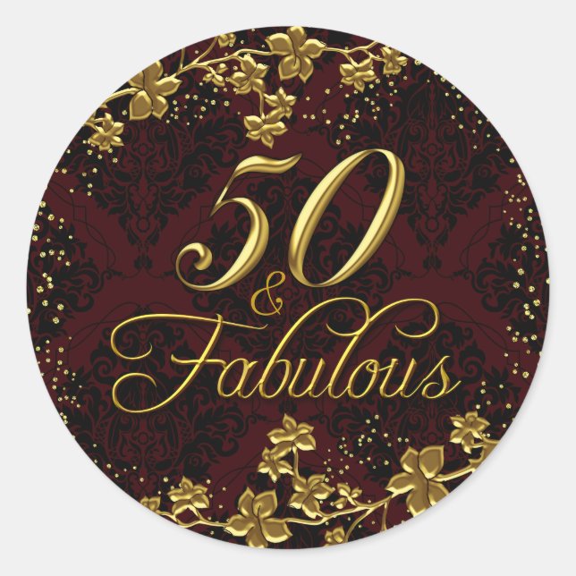 Floral Gold Red 50 & Fabulous Birthday Sticker (Front)