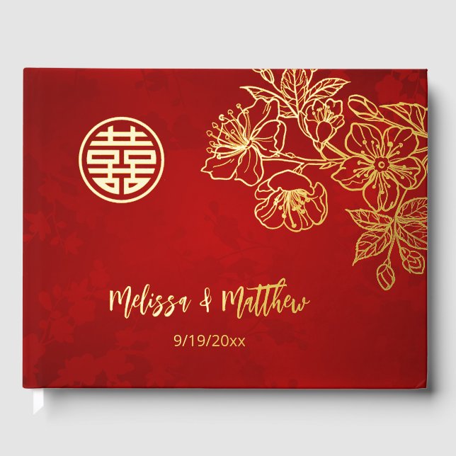 Floral Gold Red Chinese Wedding Guest Book (Front)