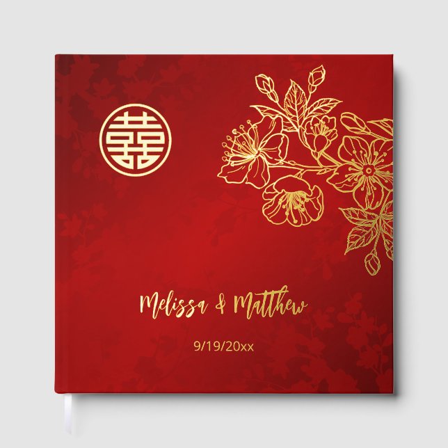 Floral Gold Red Chinese Wedding Guest Book (Front)