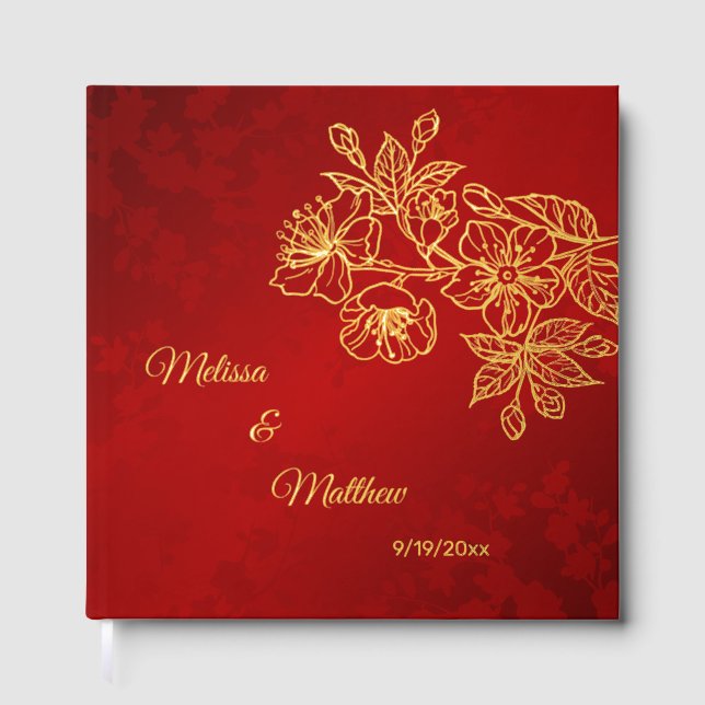 Floral Gold Red Christmas Wedding Guest Book (Front)