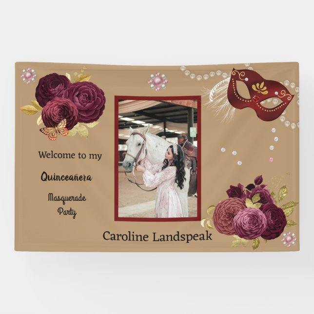 Floral Gold Red Quinceañera Masquerade & Photo Banner (Horizontal)