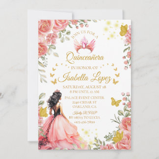 Floral Gold Rose Princess Quinceanera Birthday Invitation