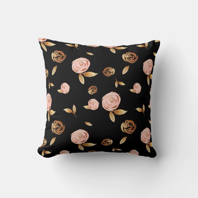 Floral Gold Rose Throw Pillow (Front)