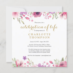 Floral Gold Script Celebration of Life Funeral Invitation