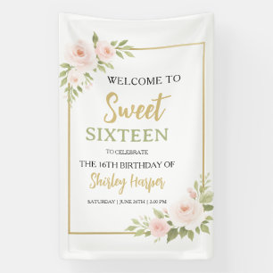 Floral Gold Script Sweet Sixteen Birthday Banner