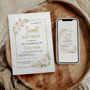 Floral Gold Script Sweet Sixteen Birthday  Invitation