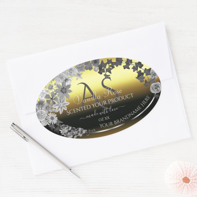 Floral Gold Silver Grey Product Labels Monogram (Envelope)