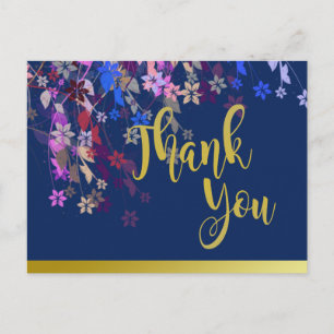 Floral Gold Thank You Wedding Vintage Navy Blue Postcard