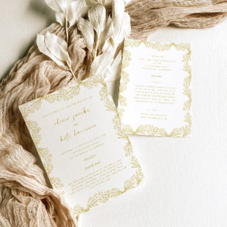 Floral Gold White Front & Back Wedding Invitation