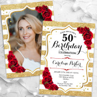 Floral Gold White Red Roses Photo 50th Birthday