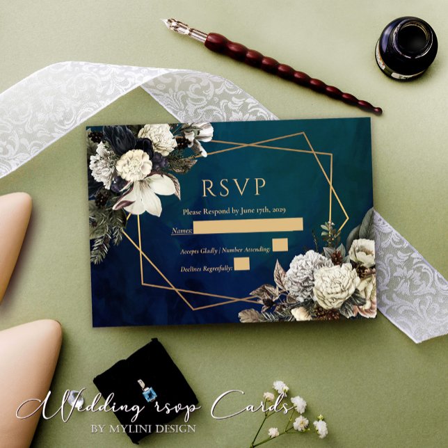 Floral Gold Wreath Emerald Green Wedding RSVP Card (Creator Uploaded)