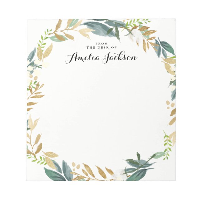 Floral Gold Wreath Personalized Notepad Stationery (Front)