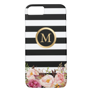 Floral Golden Circle Monogram Black White Striped Case-Mate iPhone Case