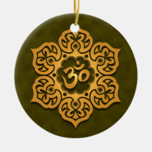 Floral Golden Green Aum Design Ceramic Ornament