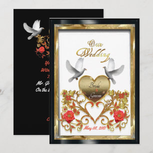 Floral golden heart of loving Doves wedding card