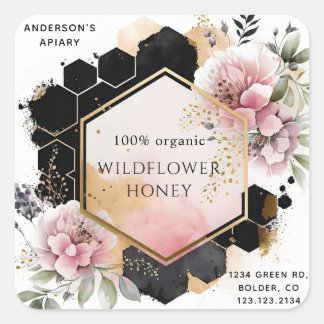 floral golden honey jar apiary square sticker