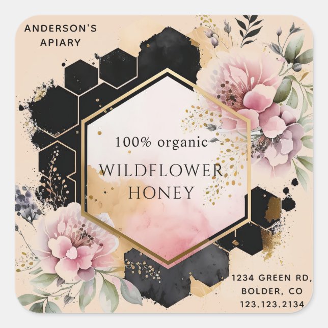 floral golden honey jar apiary square sticker (Front)