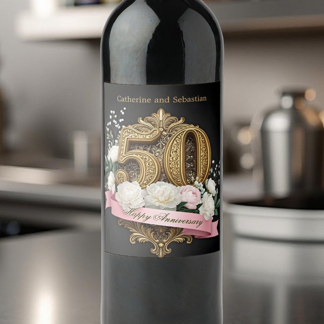 Floral Golden Number 50th Wedding Anniversary Wine Label (Creator Uploaded)