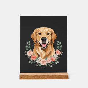 Floral Golden Retriever Dog Portrait Sublimation Acrylic Sign