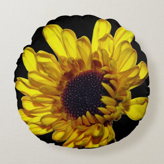 Floral Golden Yellow Black Abstract Artsy Gift Round Pillow (Front)