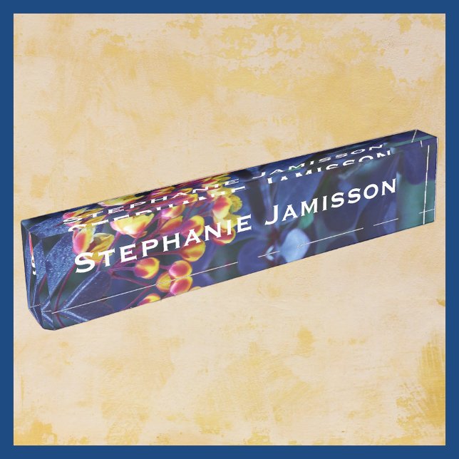 Floral Golden Yellow Flowers, Blue, Name Nameplate (Creator Uploaded)