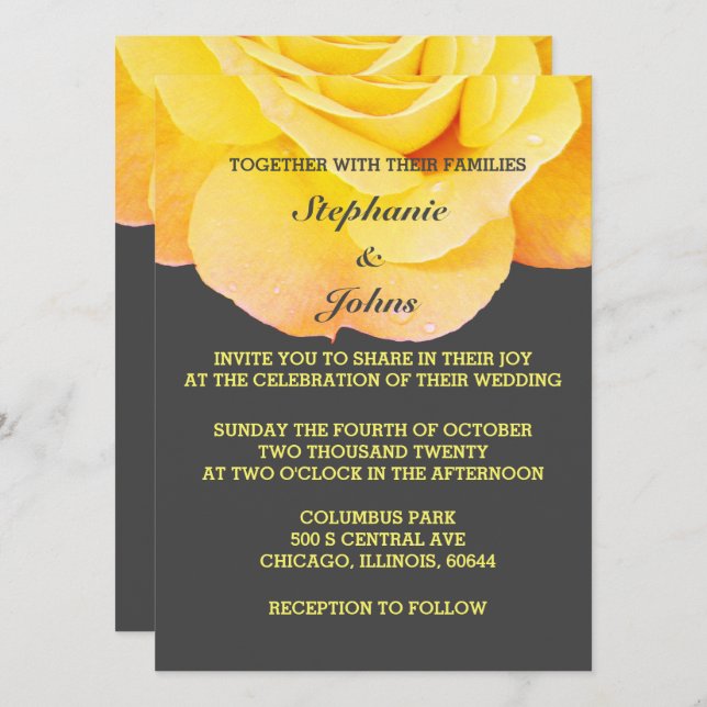 Floral Golden Yellow Orange Grey Grey Cute Wedding Invitation (Front/Back)