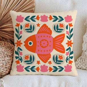 Floral Goldfish Illustration Eclectic Botanical Throw Pillow