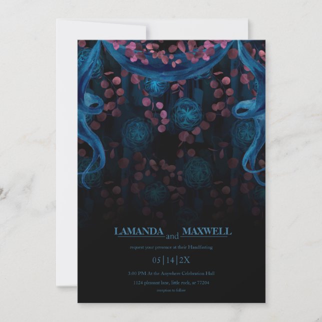 Floral Gothic Blue Pink Wedding Handfasting Invitation (Front)