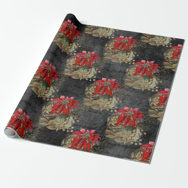 Floral Gothic Grunge Christmas Pattern Wrapping Paper (Unrolled)