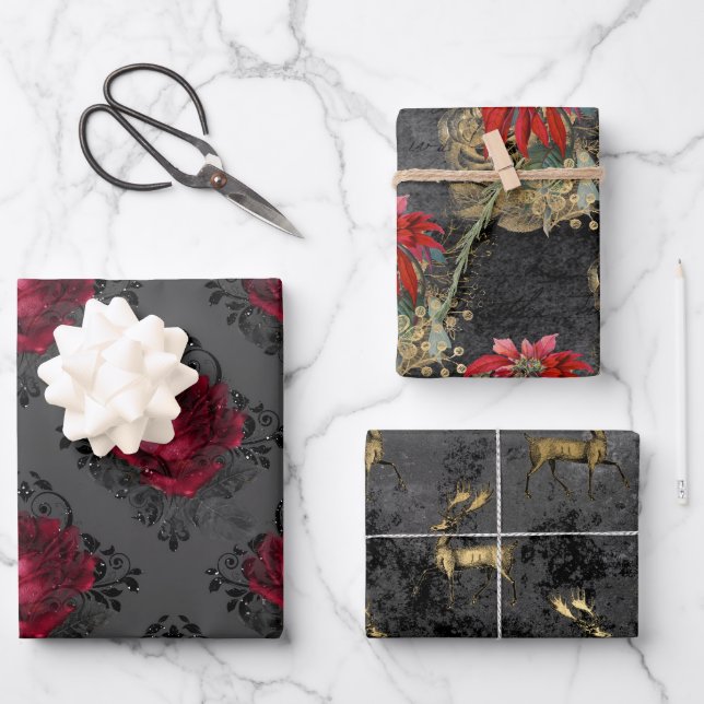 Floral Gothic Grunge Christmas Patterns Wrapping Paper Sheet (Front)