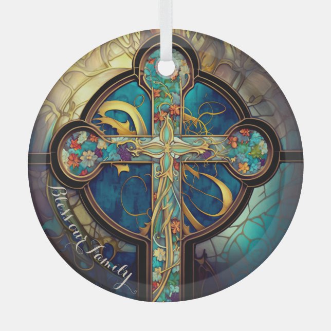 Floral Grace Stained Glass Religious Cross  Glass Ornament (Front)