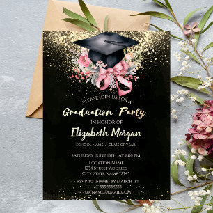 Floral Grad Cap, Bow Confetti Graduation Party Invitation