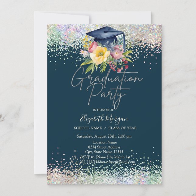Floral Grad Cap,Confetti Navy Blue Graduation  Invitation (Front)