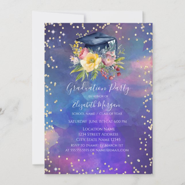 Floral Grad Cap,Diamonds Paint Splash Graduation  Invitation (Front)