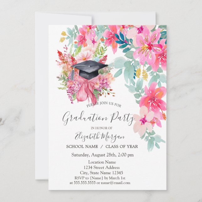 Floral Grad Cap,Flowers Graduation  Invitation (Front)