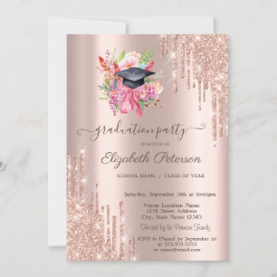 Floral Grad Cap Rose Gold Glitter Drips  Invitation