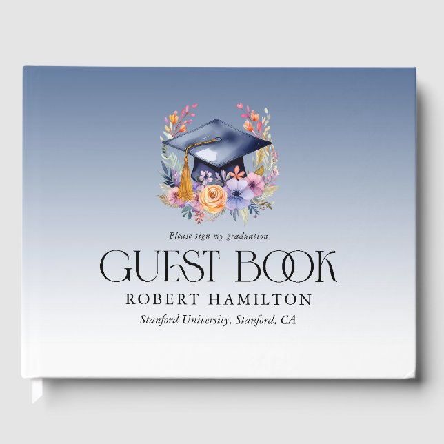 Floral Grad Hat Graduation Party Invitation Guest Book (Front)