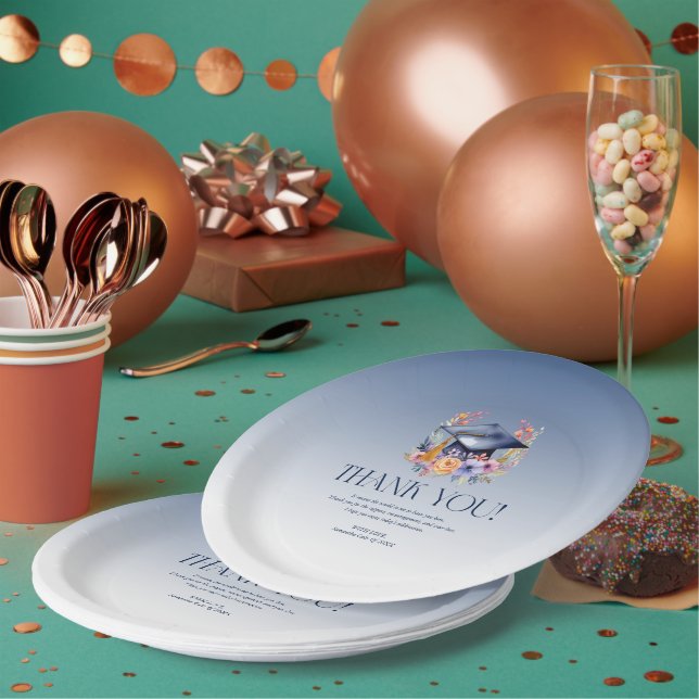 Floral Grad Hat Thank You Card Paper Plate (Multi)
