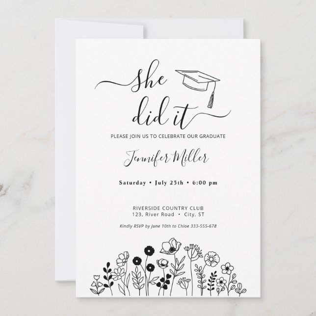 Floral graduation black and white holiday card (Front)
