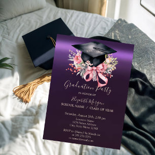 Floral Graduation Cap,Bow Purple Graduation Invitation
