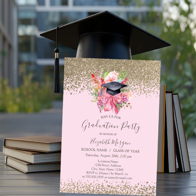 Floral Graduation Cap,Diamonds Pink Graduation Invitation (Creator Uploaded)
