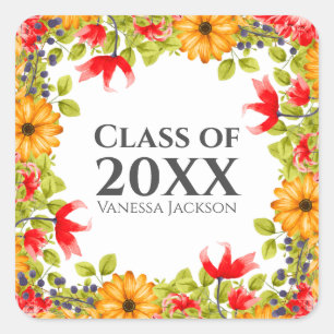 Floral Graduation Party Favour Square Sticker