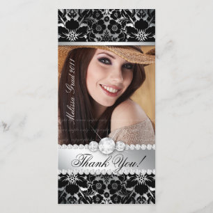 Floral Graduation Photo Card Silver Black Damask
