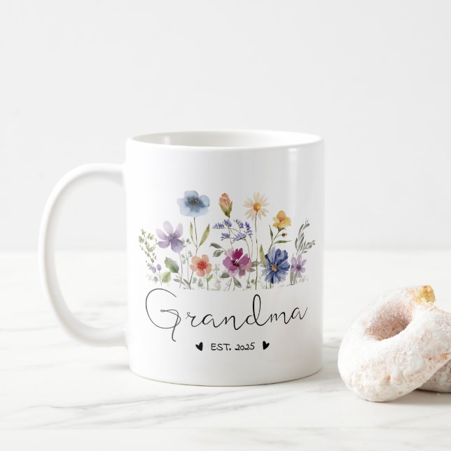 Floral Grandma Baby Announcement Gifts Est 2025 Coffee Mug (With Donut)