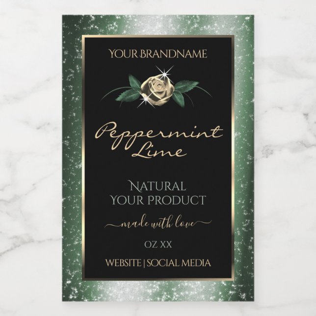 Floral Green and Gold Frame Black Product Labels (Single Label)