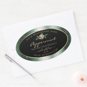 Floral Green and Gold Frame Black Product Labels