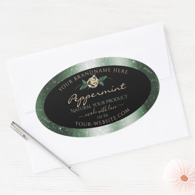 Floral Green and Gold Frame Black Product Labels (Envelope)