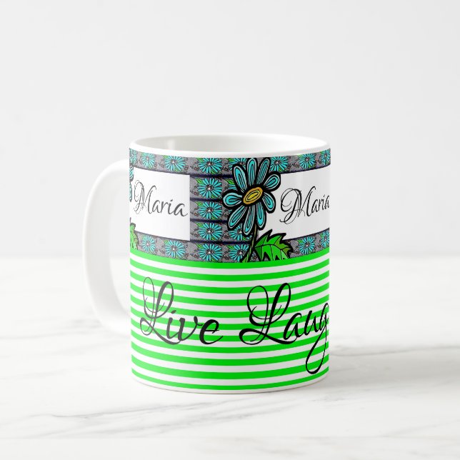 Floral Green and White Stripe Mug (Front Left)