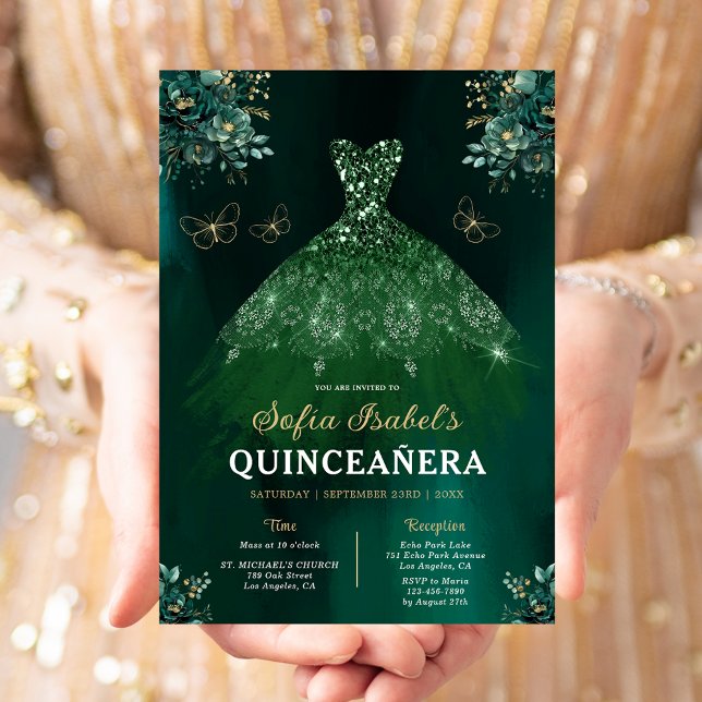 Floral Green Bilingual Spanish Quinceanera Invitation (Creator Uploaded)