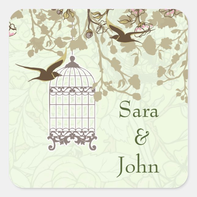 floral green bird cage, love birds envelope seal (Front)